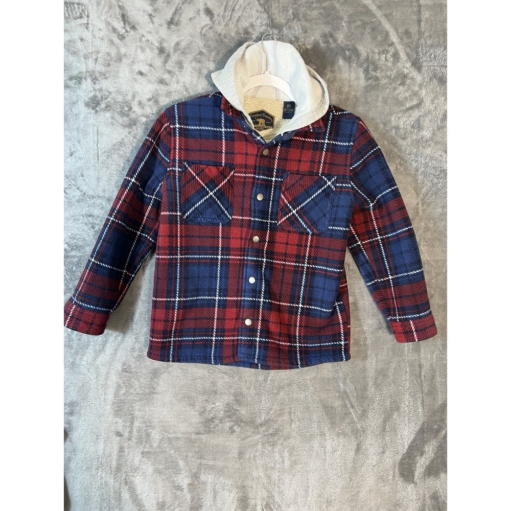 Freedom Foundry Boys Red Navy Plaid Sherpa Lined Hooded Flannel Jacket M 10-12